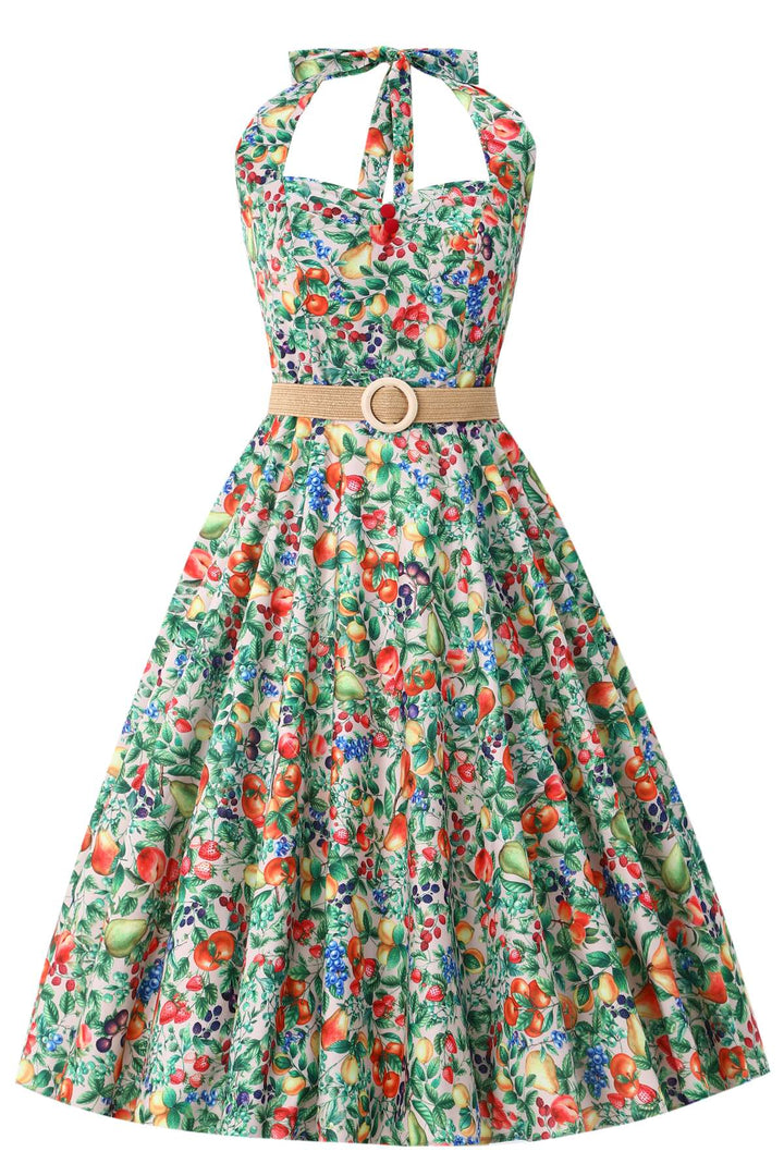 Front view of Daisy Mediterranean Fruit Halter Dress | Vintage Halter Dress
