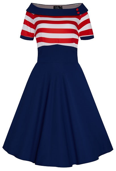 Front view of Darlene Navy Red Stripe Dress | Nautical Swing Dress
