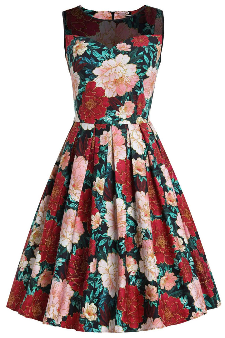 Front view of Elizabeth Vintage Style Floral Party Dress in Black/Pink