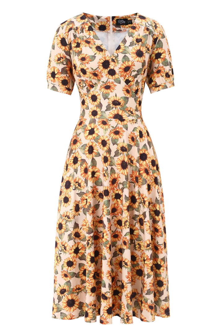 Front view of Julia Vintage Yellow Sunflower Midi Dress