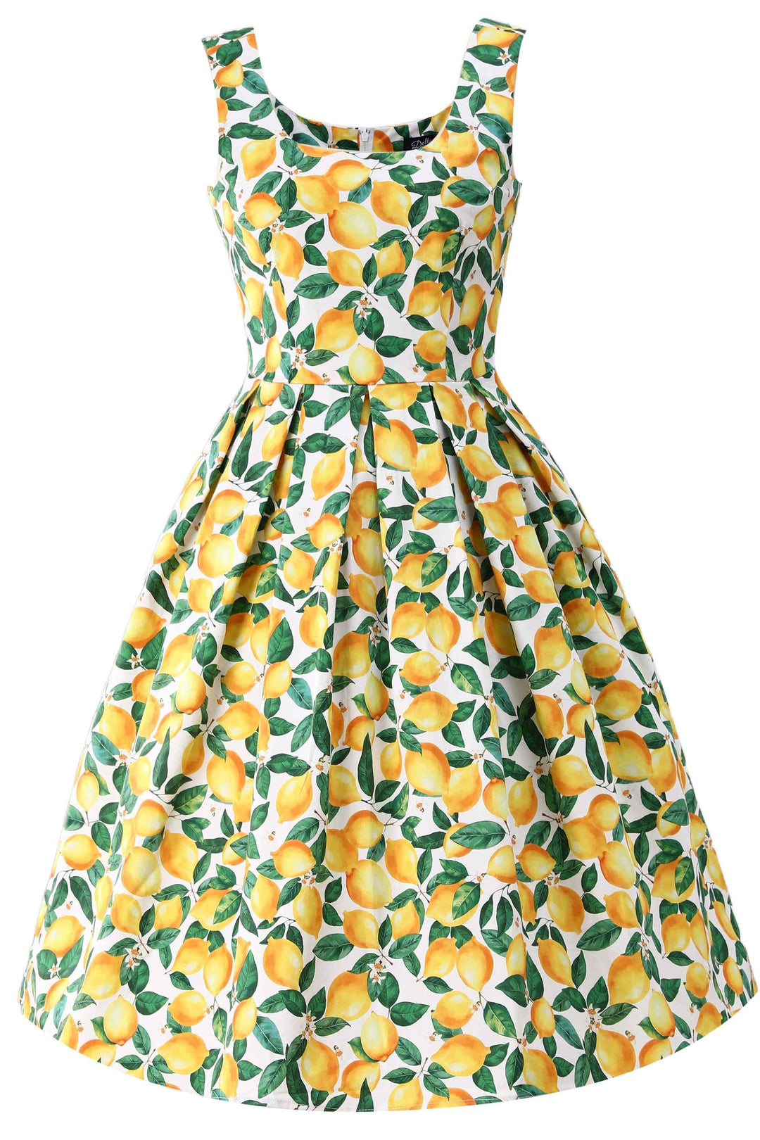 Front view of Lady in Amanda Juicy Yellow Lemons on White Dress | 50s Style Dress
