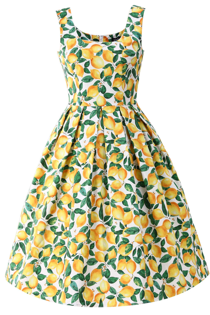 Front view of Lady in Amanda Juicy Yellow Lemons on White Dress | 50s Style Dress