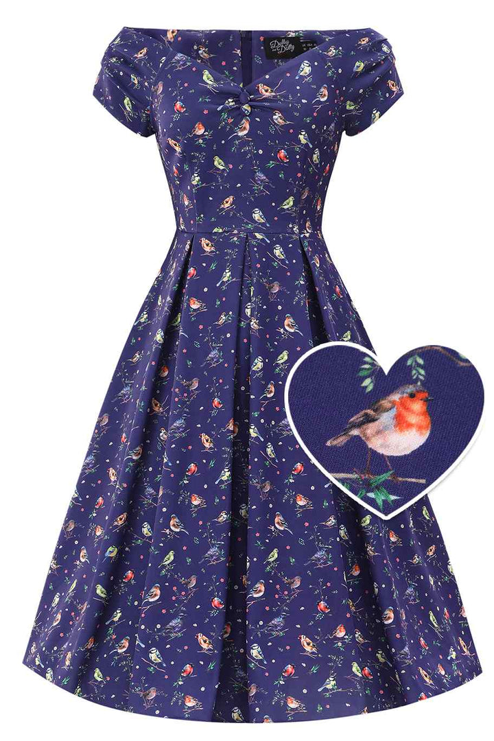 Front view of Lily Bird Garden on Navy Blue Dress | Whimsical Vintage Dress