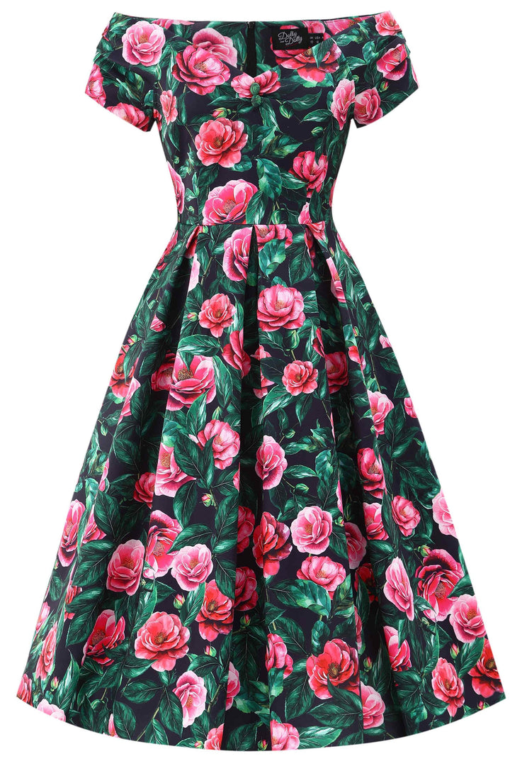 Front view of Lily Camellia Flowers on Black Dress | Vintage Floral Dress