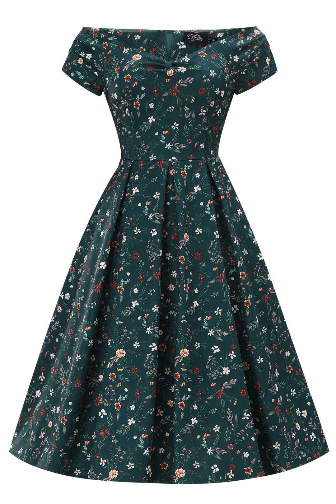 Front view of Lily Ditsy Flowers on Emerald Green Dress | Vintage Floral Dress