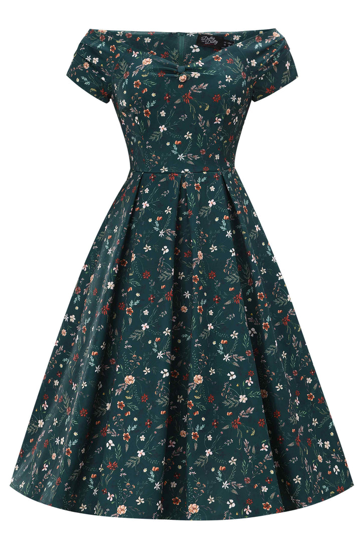 Front view of Lily Ditsy Flowers on Emerald Green Dress | Vintage Floral Dress