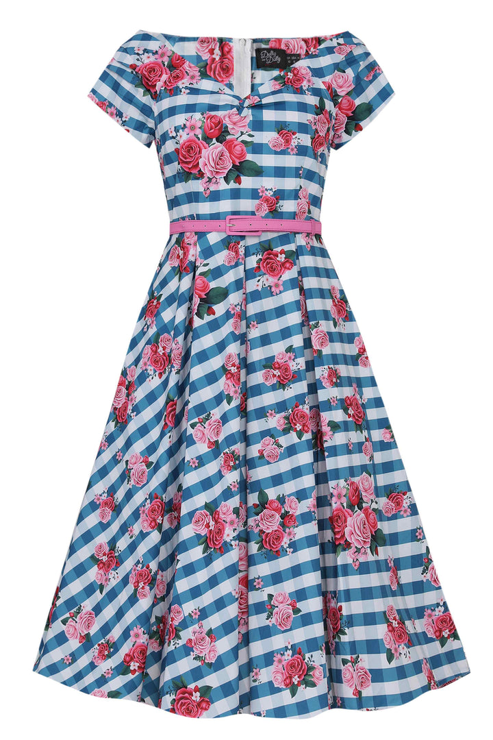 Front view of Lily Floral Gingham Off Shoulder Dress In Blue