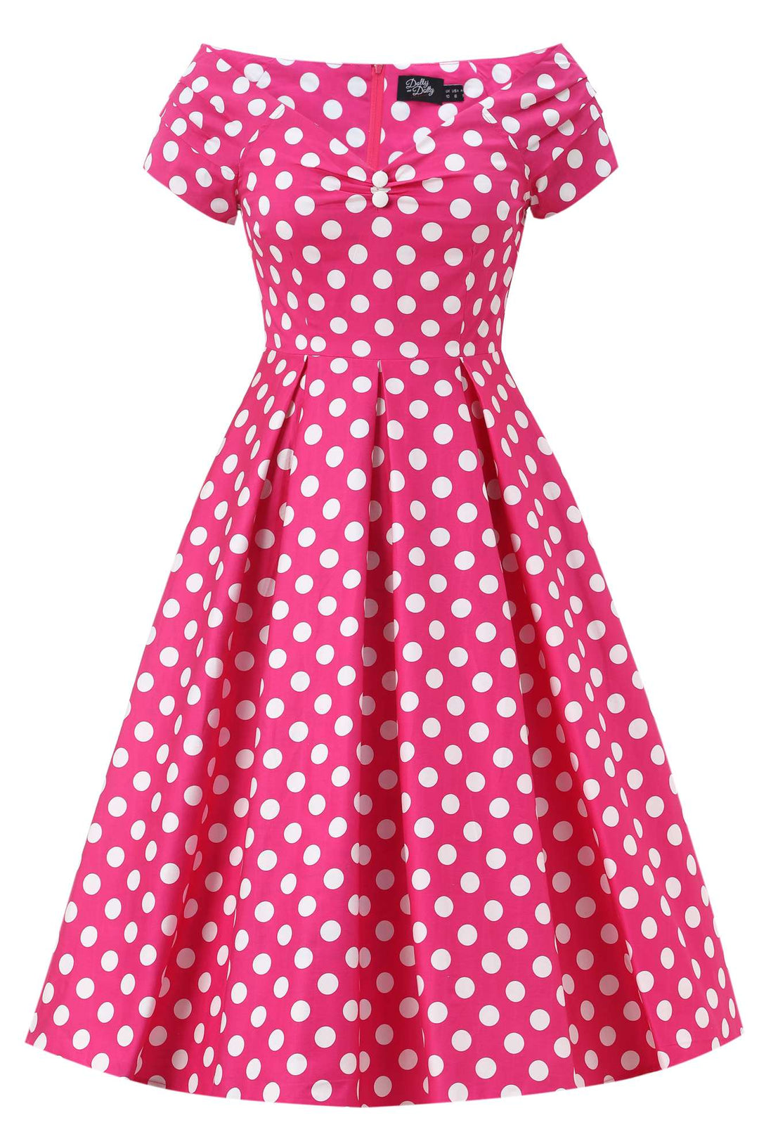 Front view of Lily Hot Pink & White Polka Dot Dress | Retro Dress