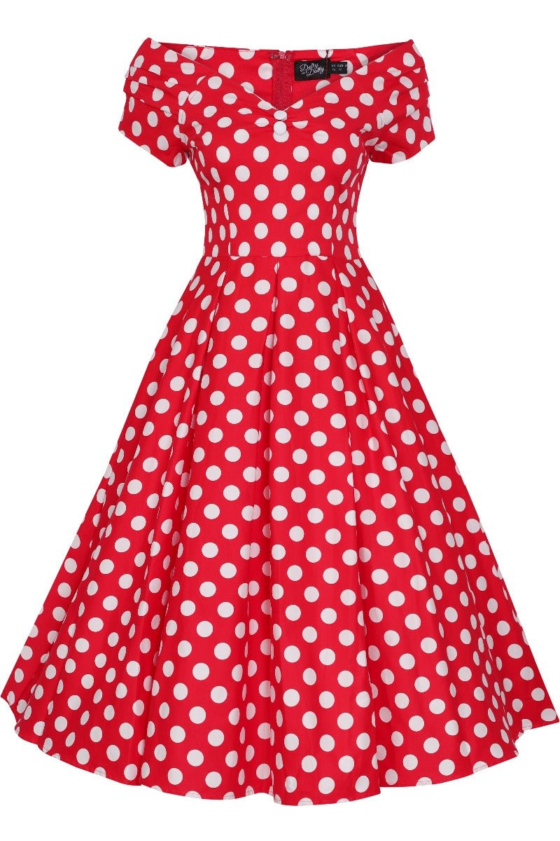 Front view of Lily Red & White Polka Dot Off Shoulder Dress