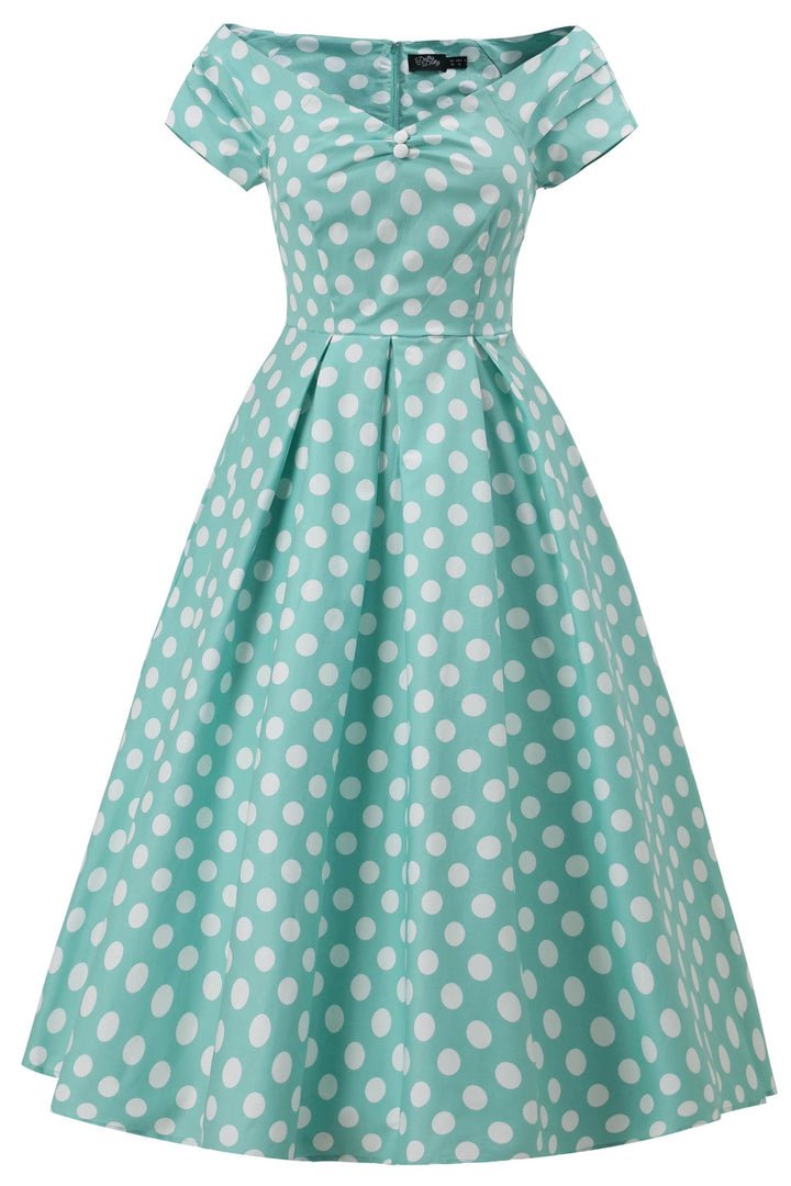 Front view of Lily Sage Green & White Polka Dot Dress | 50s Style Dress