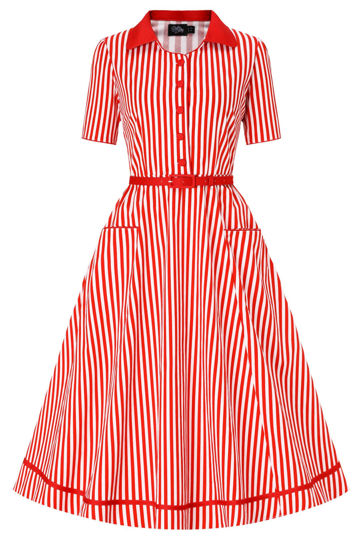 Front view of Mabel Red & Off-white Bengal Stripes Dress | Vintage Shirt Dress