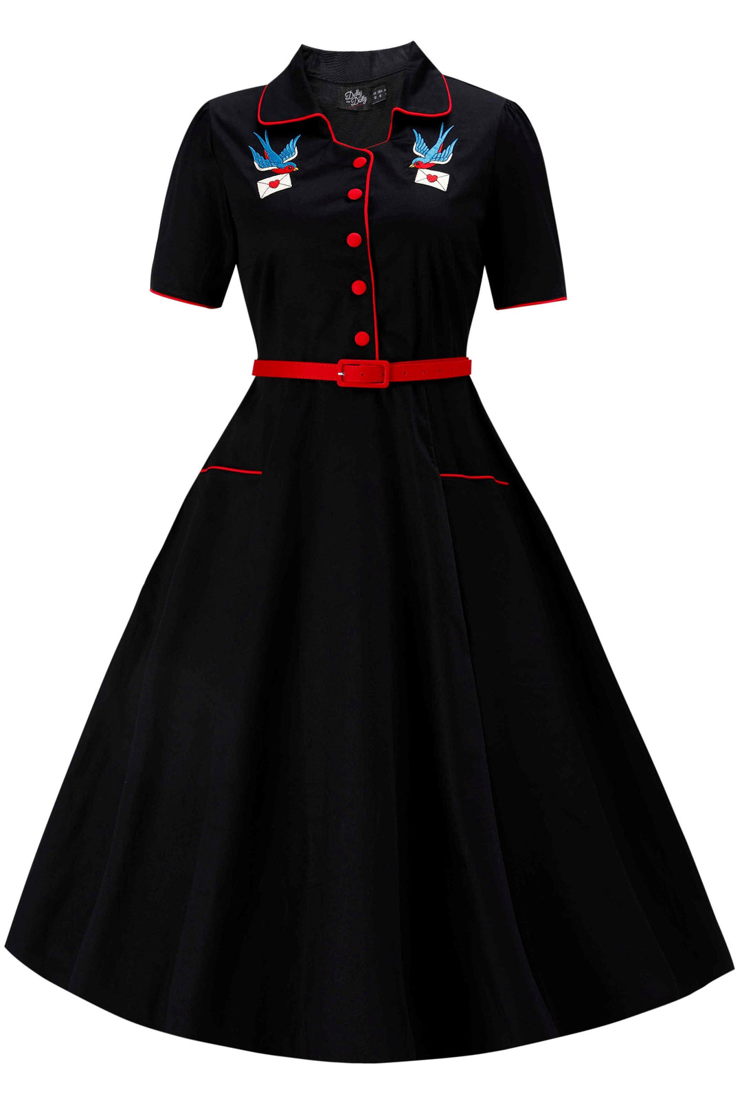 Front view of Mabel Retro Swallow Bird Embroidery Shirt Dress In Black