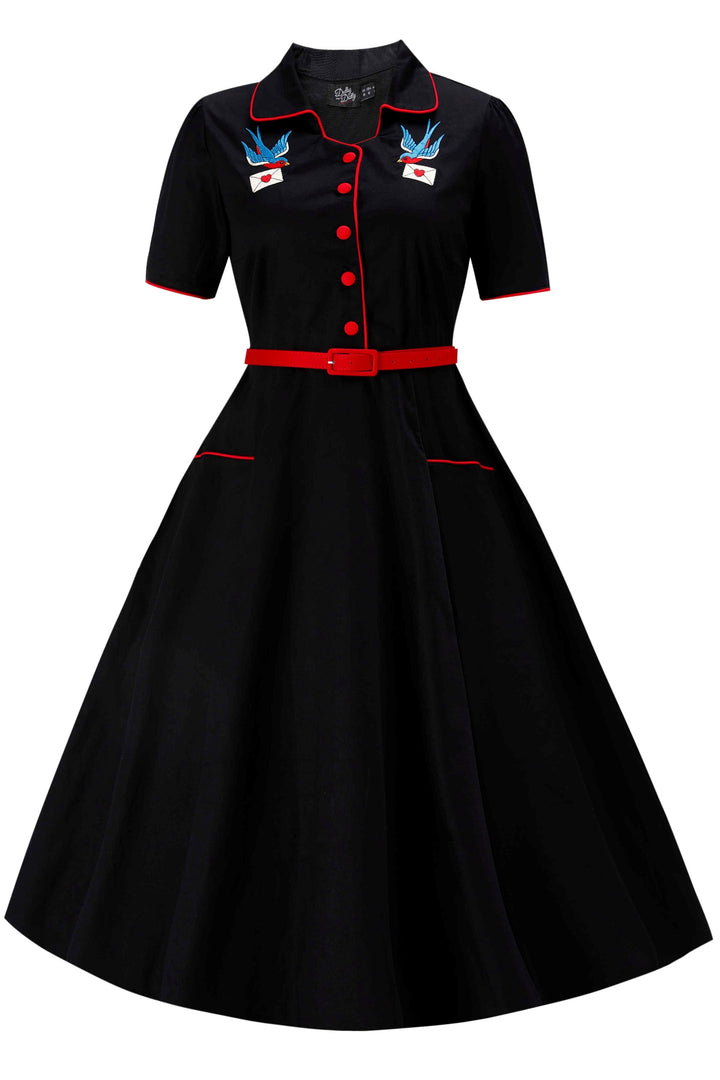 Front view of Mabel Retro Swallow Bird Embroidery Shirt Dress In Black