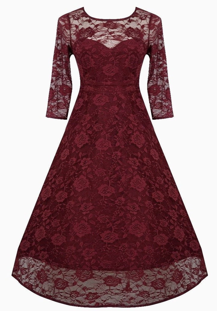 Front view of Madeline Long Sleeved Burgundy Lace Dress | Lace Occasion Dress