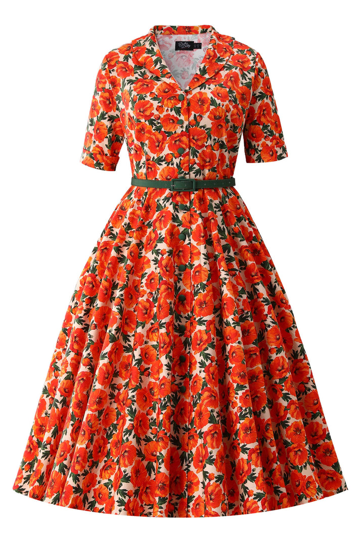Front view of Mollie Shirt Dress in Orange Poppy Print
