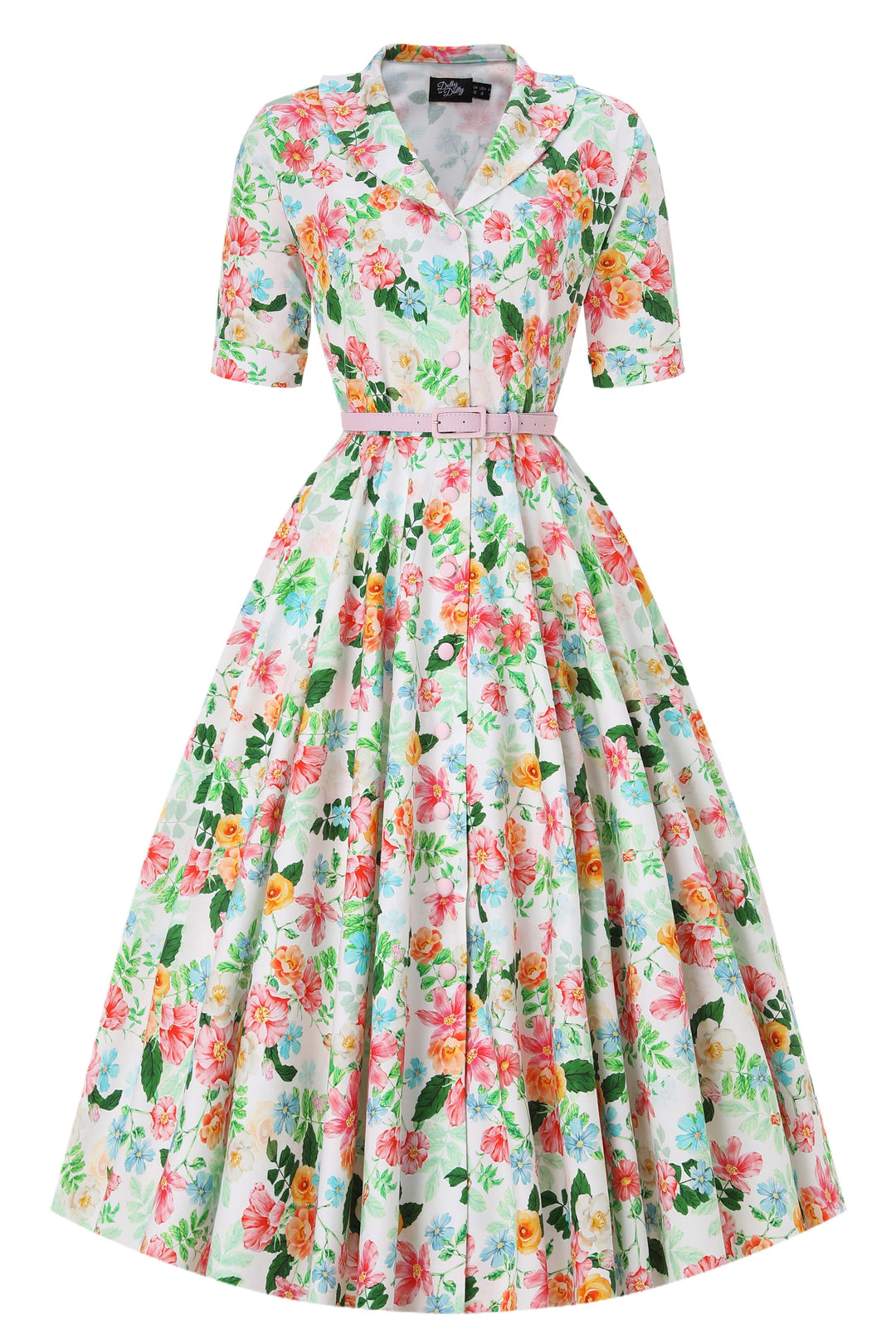 Front view of Mollie Summer Floral on White Dress | Vintage Floral Dress