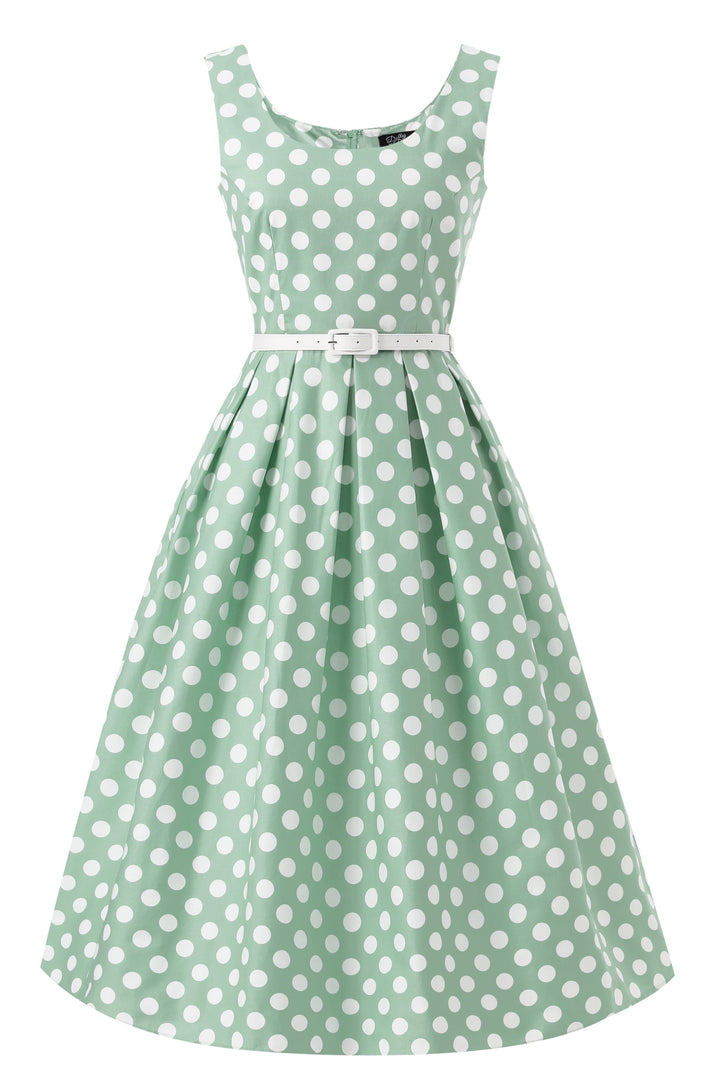 Front view of Ophelia Sage Green & White Polka Dot Dress