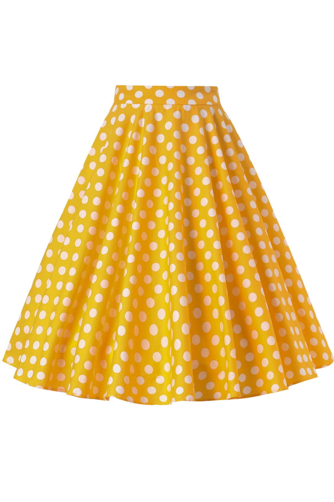 Front view of Maisie Yellow & White Polka Dot Skirt | Polka Dot Midi Skirt
