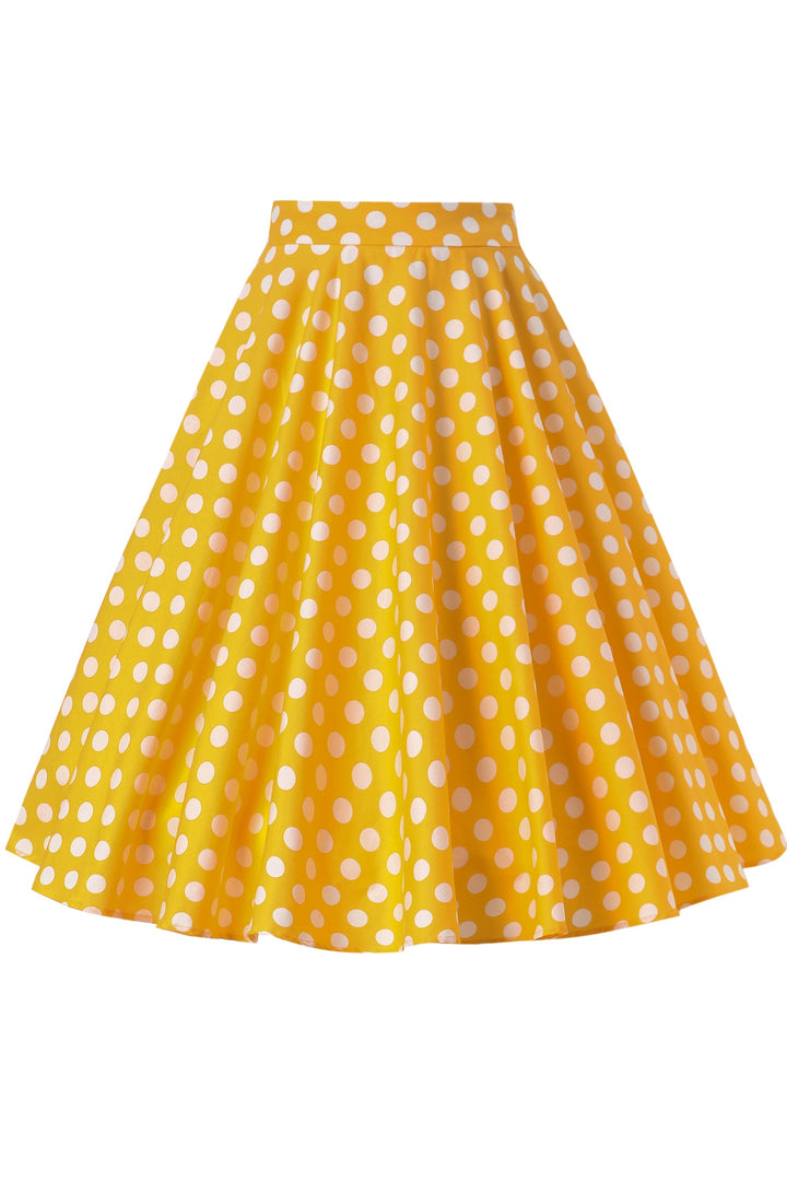 Front view of Maisie Yellow & White Polka Dot Skirt | Polka Dot Midi Skirt