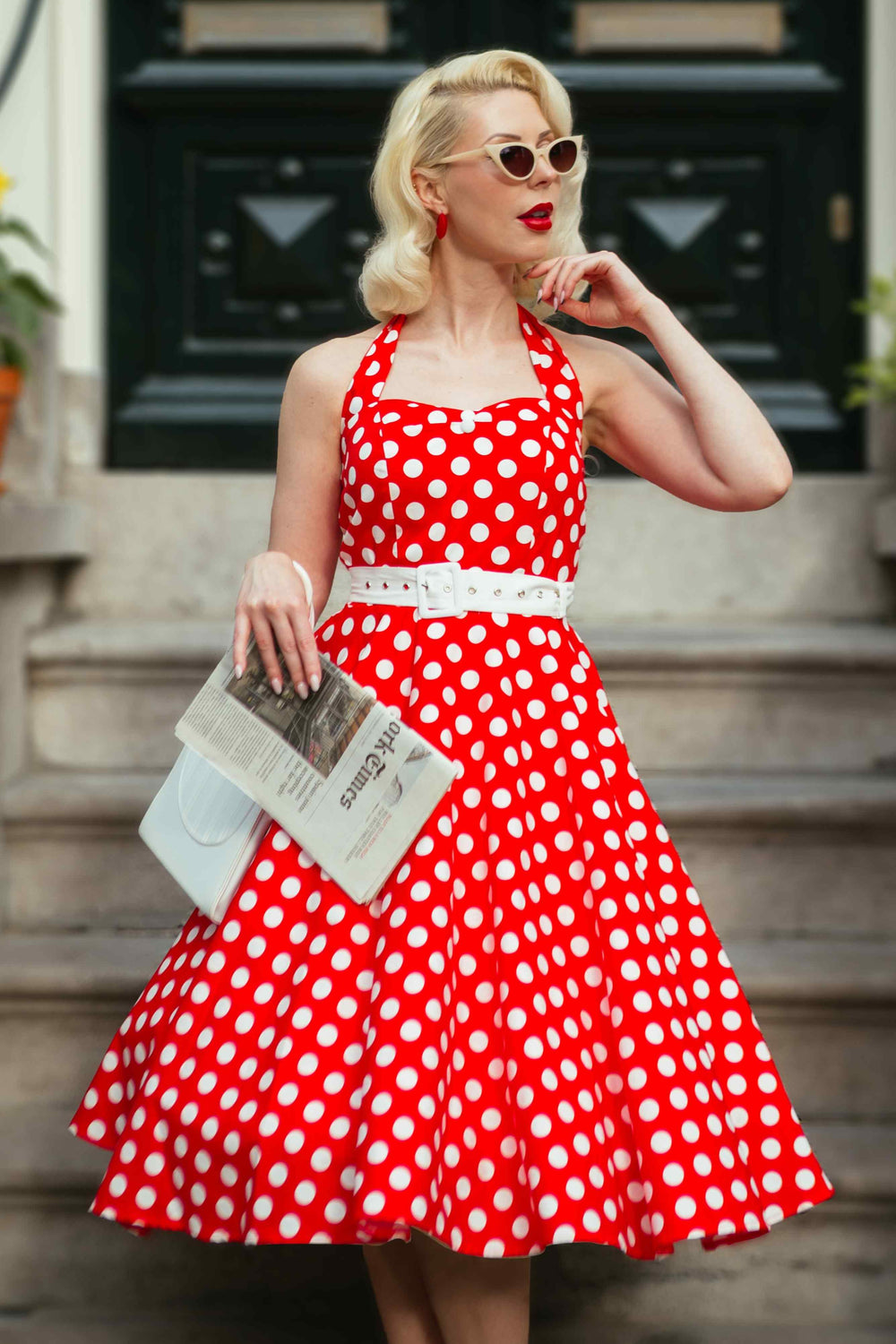 Graceful Model in a Daisy Red Polka Dot Halterneck Dress