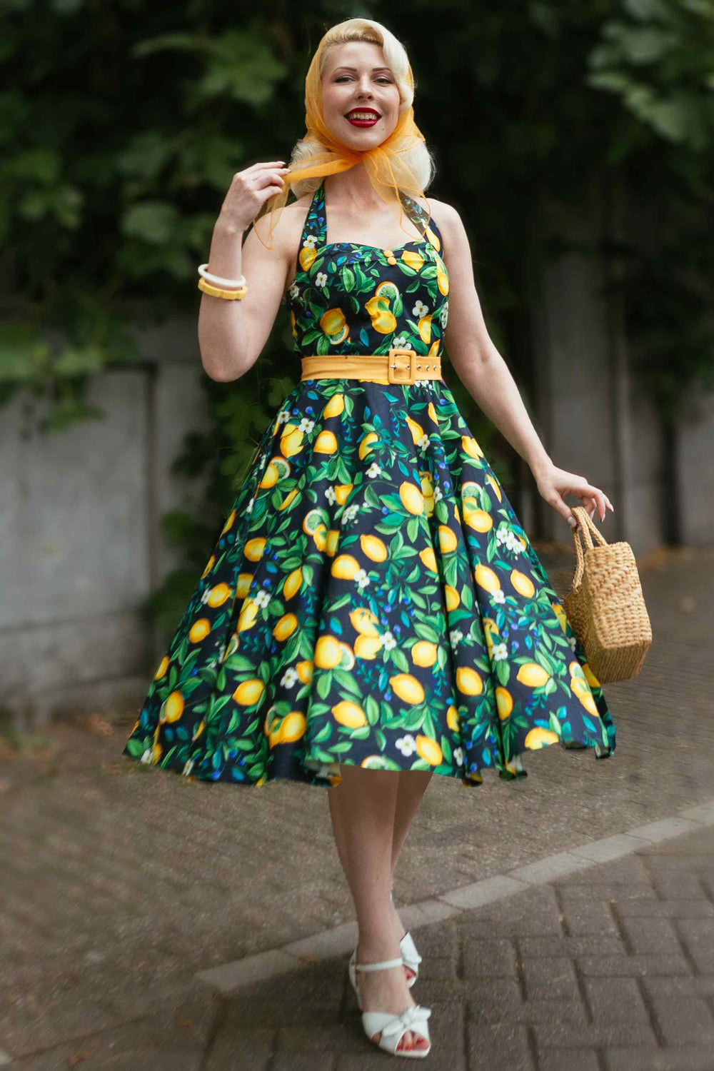 Lady in Daisy Yellow Lemons on Black Dress | Vintage Halter Dress