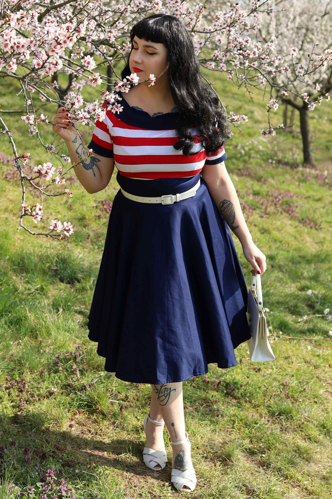 Lady in Darlene Navy Red Stripe Dress | Nautical Swing Dress