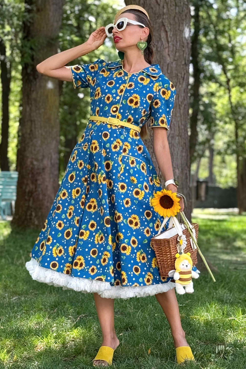 Lady in Mabel Blue Sunflower Shirt Dress