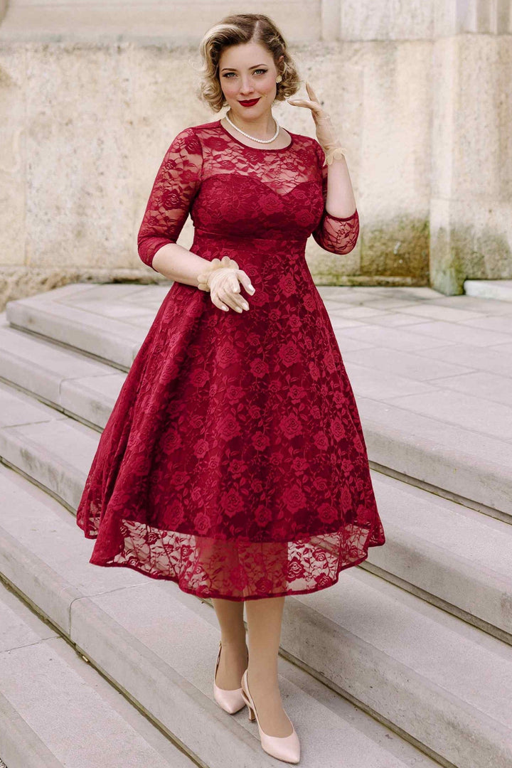Lady in Madeline Long Sleeved Burgundy Lace Dress | Lace Occasion Dress