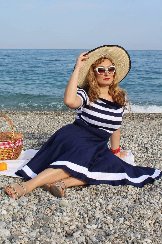 Lady of Darlene Navy White Stripe Dress | Nautical Swing Dress