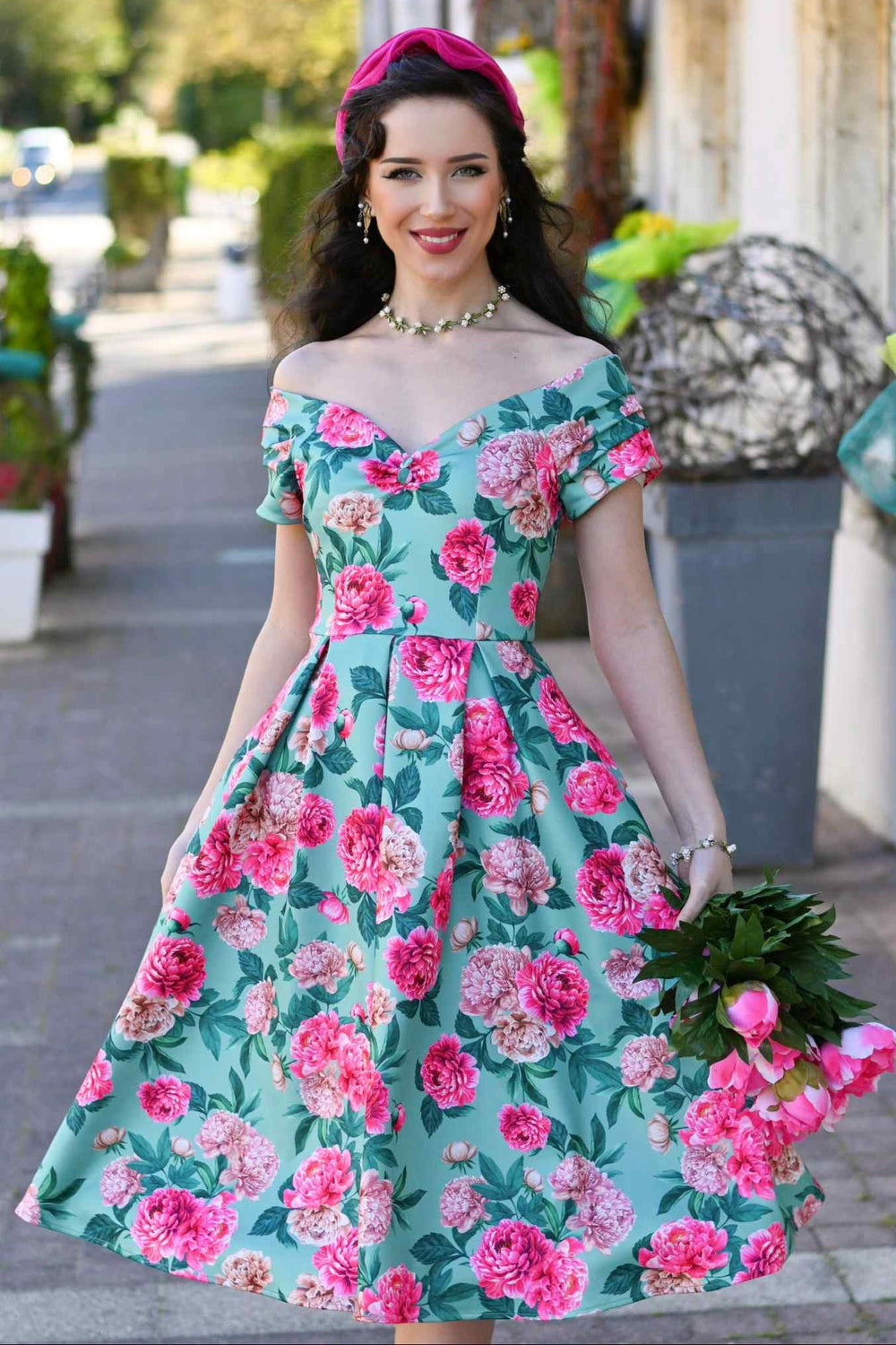 Lady wearing a Lily Pink Peony Flowers on Mint Green Dress | Vintage Floral Dress
