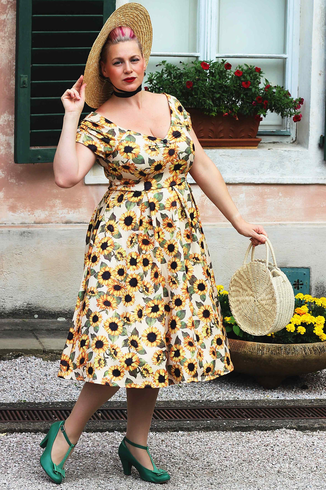 Lady wearing a Lily Sunflower Dress | Vintage Floral Dress