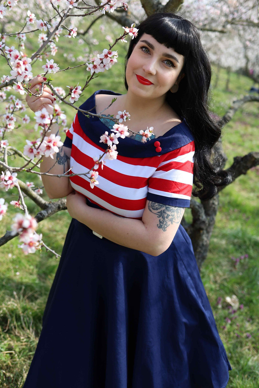 Lovely Lady in Darlene Navy Red Stripe Dress | Nautical Swing Dress