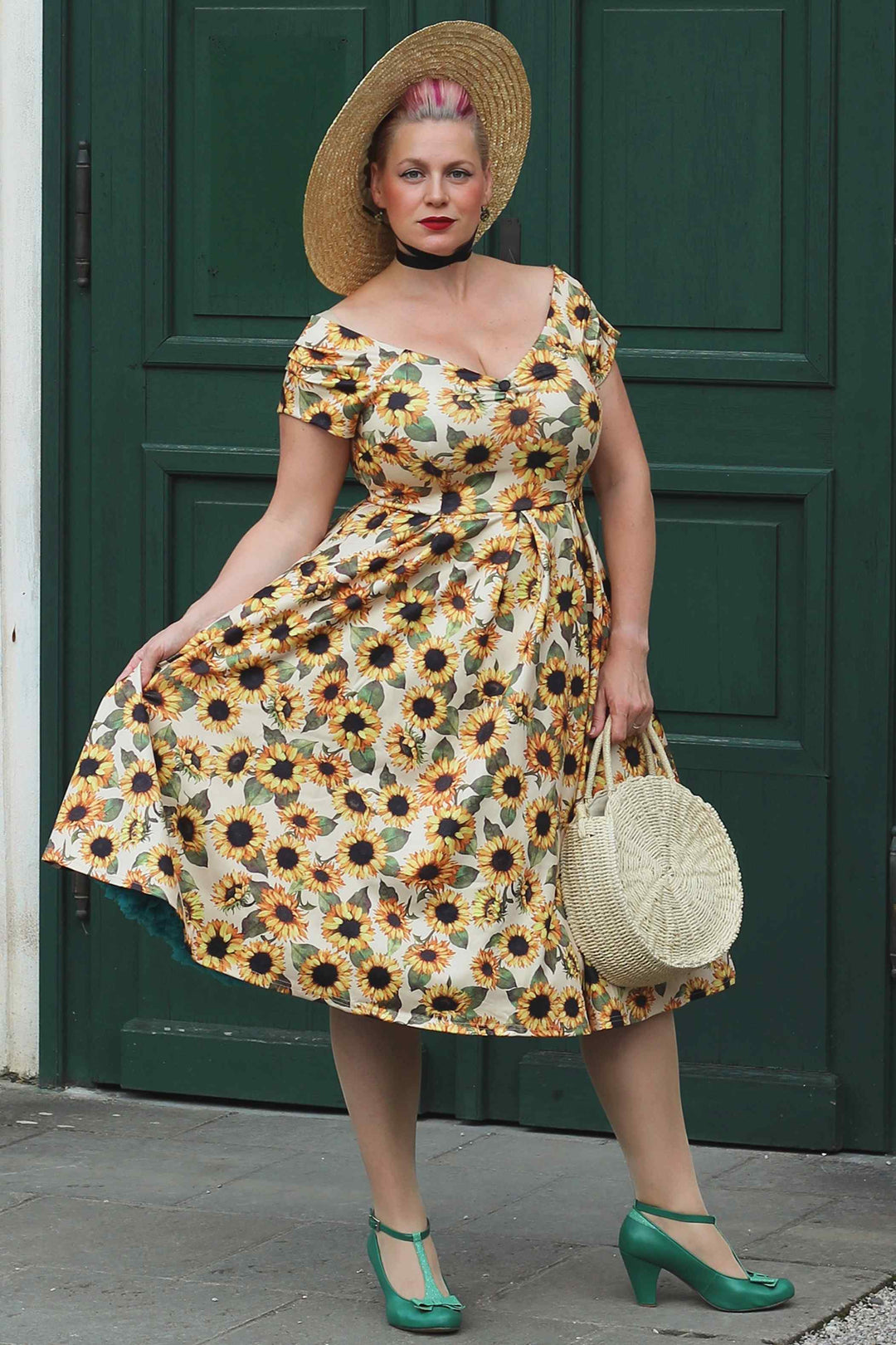 Lovely Lady wearing a Lily Sunflower Dress | Vintage Floral Dress
