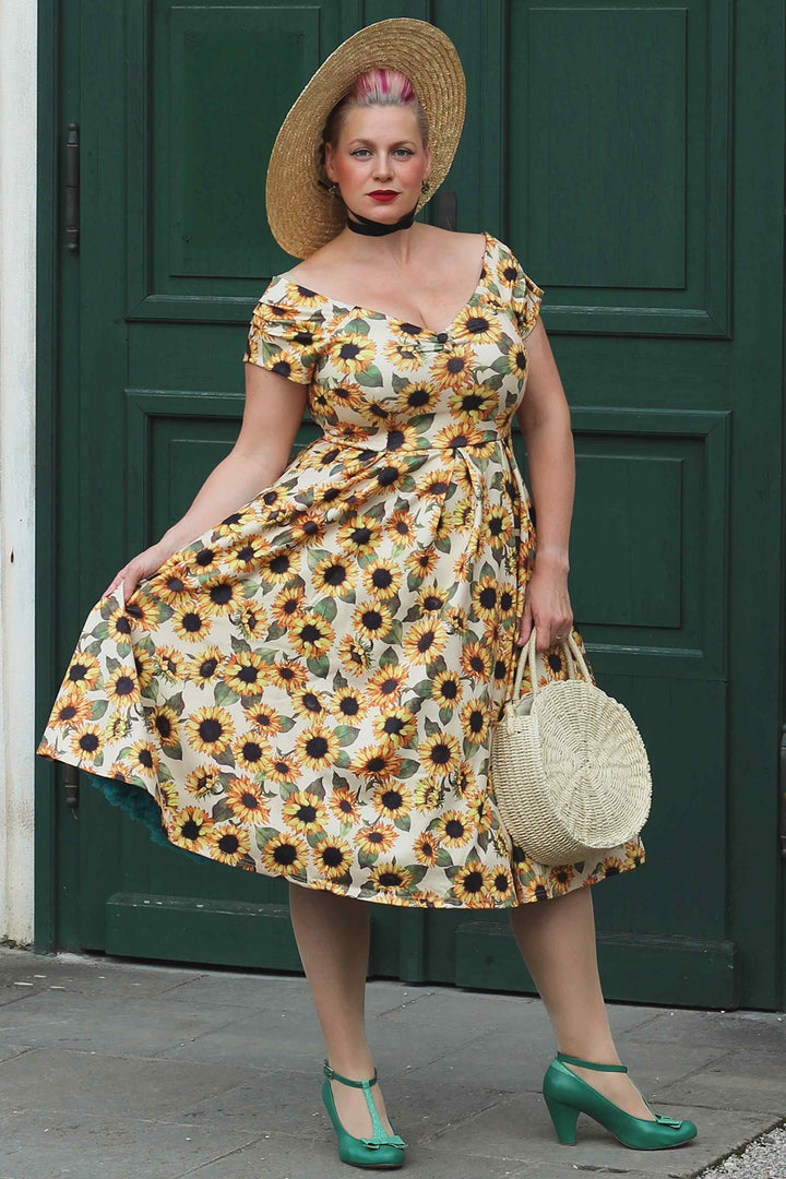 Lovely Lady wearing a Lily Sunflower Dress | Vintage Floral Dress