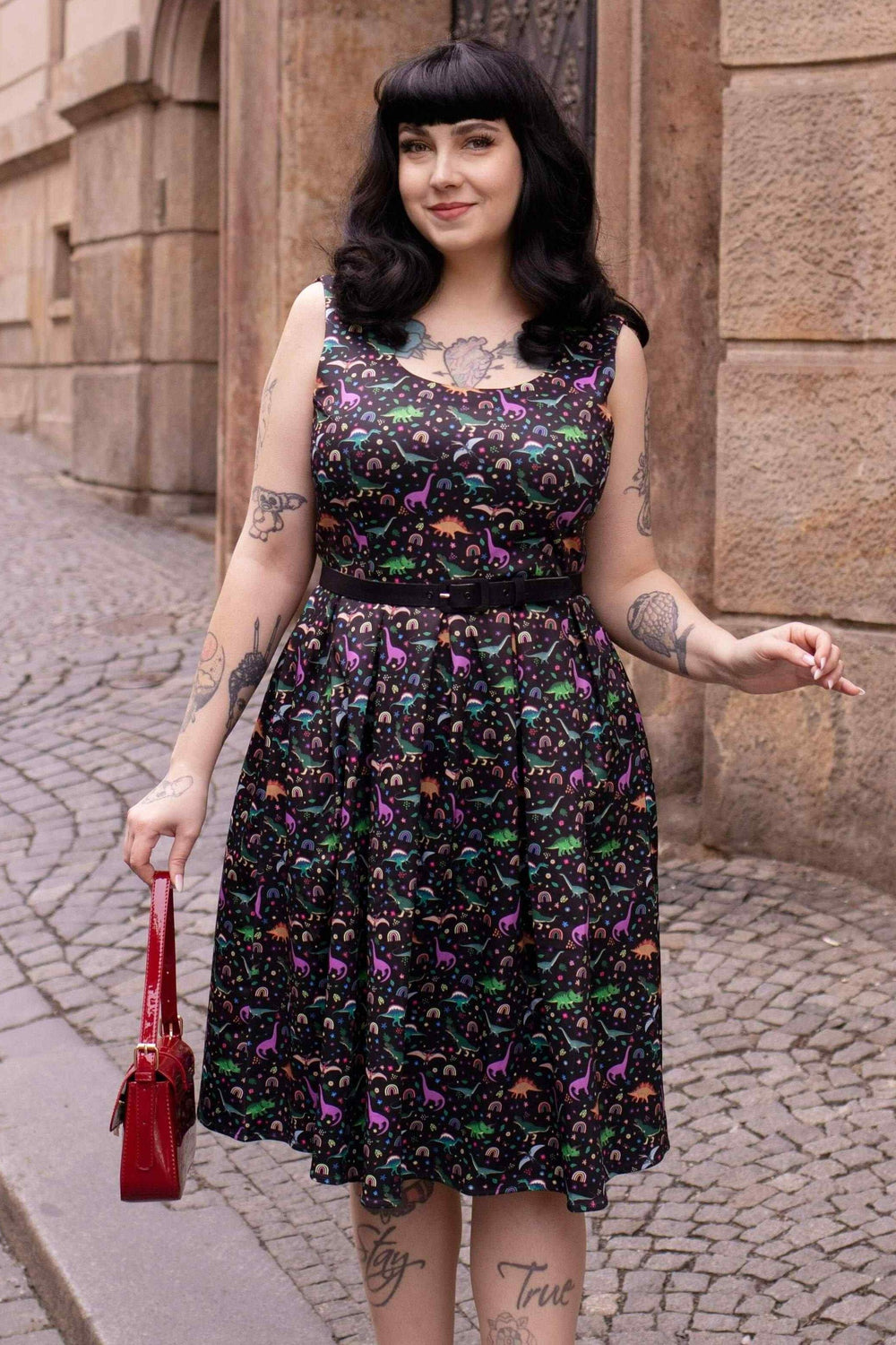 Lovely Model in Amanda Dinosaur Rainbow Dress | Novelty Print Dress
