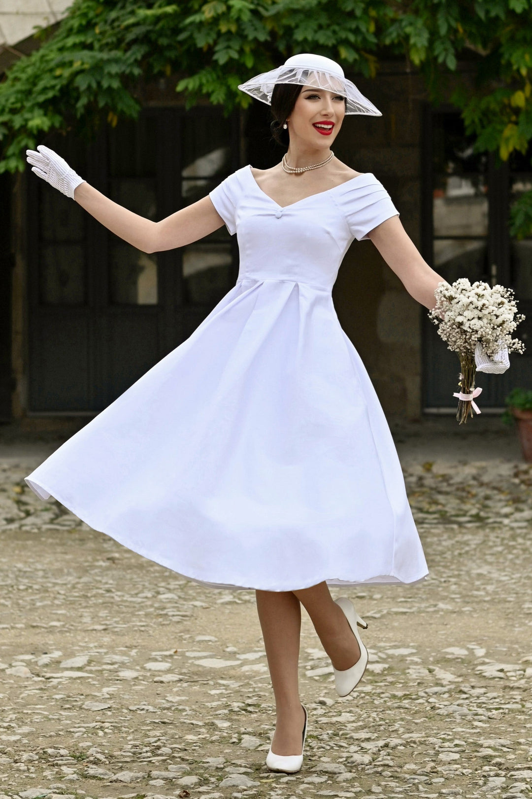 Lovely Model in Lily Off White Dress | 50s Style Dress
