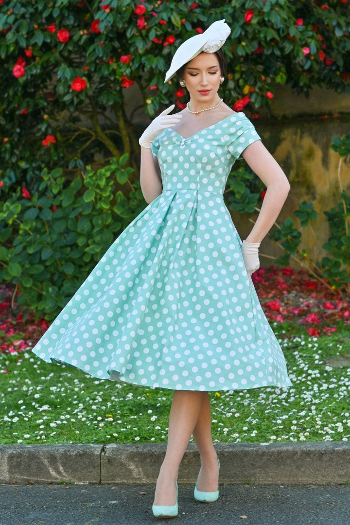 Lovely Model in Lily Sage Green & White Polka Dot Dress | 50s Style Dress