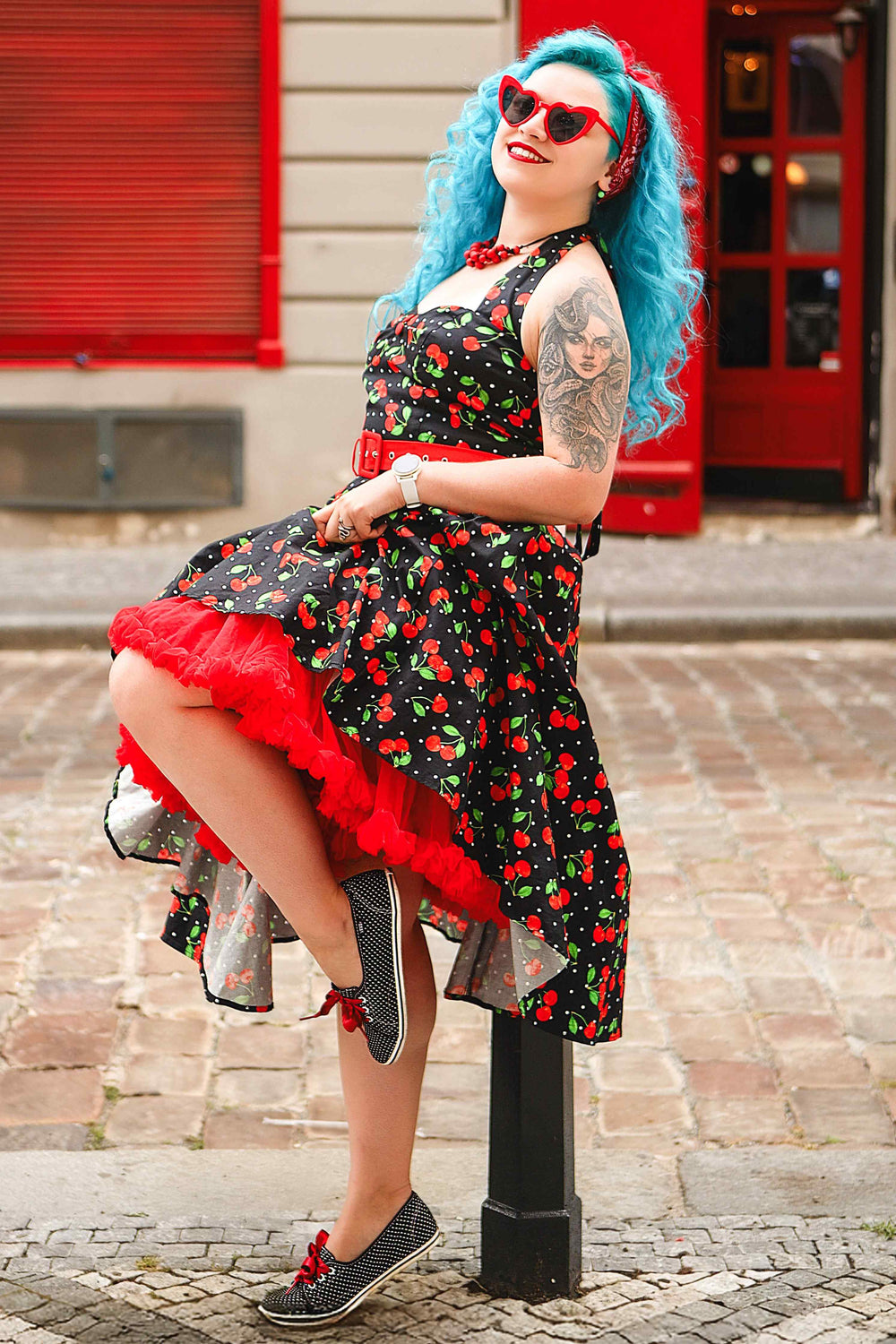 Lovely Model wearing a Daisy Cherry Polka Dot Dress | 50s Style Dress