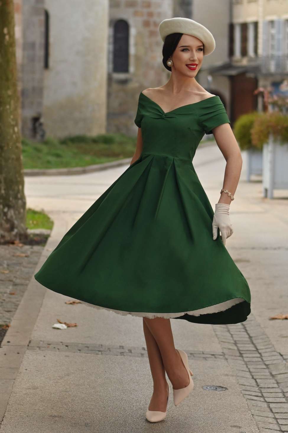 Lovely Model wearing a Lily Dark Green Dress | 50s Style Dress