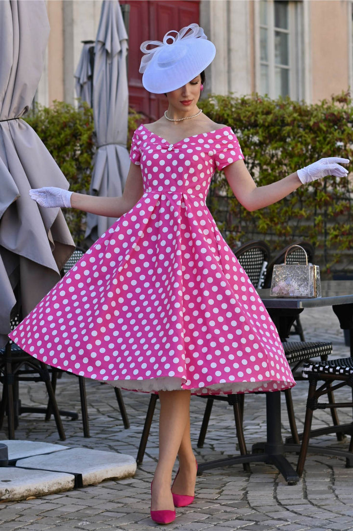 Lovely Model wearing a Lily Hot Pink & White Polka Dot Dress | Retro Dress