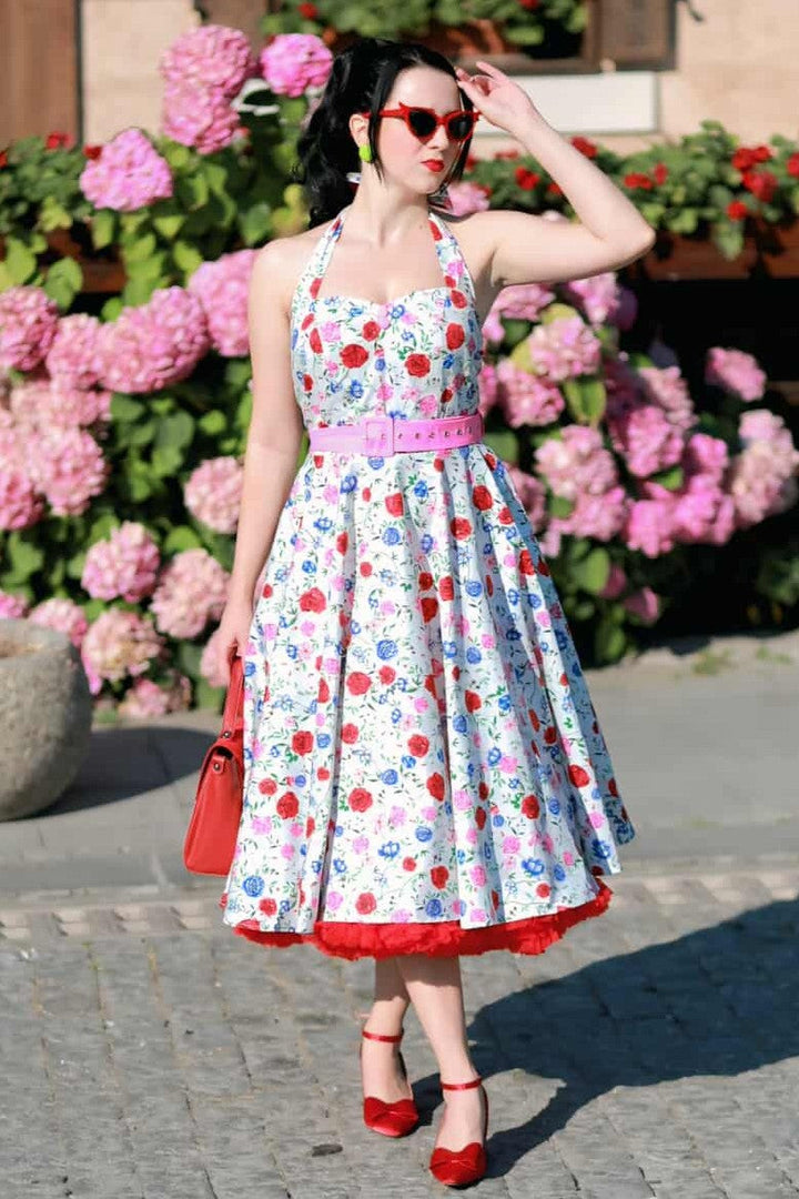 Lovely girl in Daisy Roses on White Dress | Vintage Floral Dress