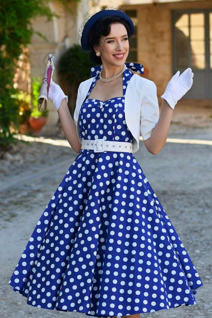 Lovely lady in Daisy Dark Blue & White Polka Dot Dress | 50s Style Dress