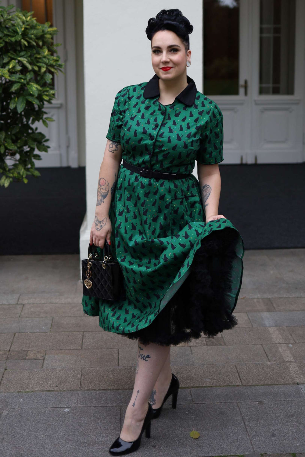 Lovely lady in Mabel Green Black Cat Print Vintage Shirt Dress