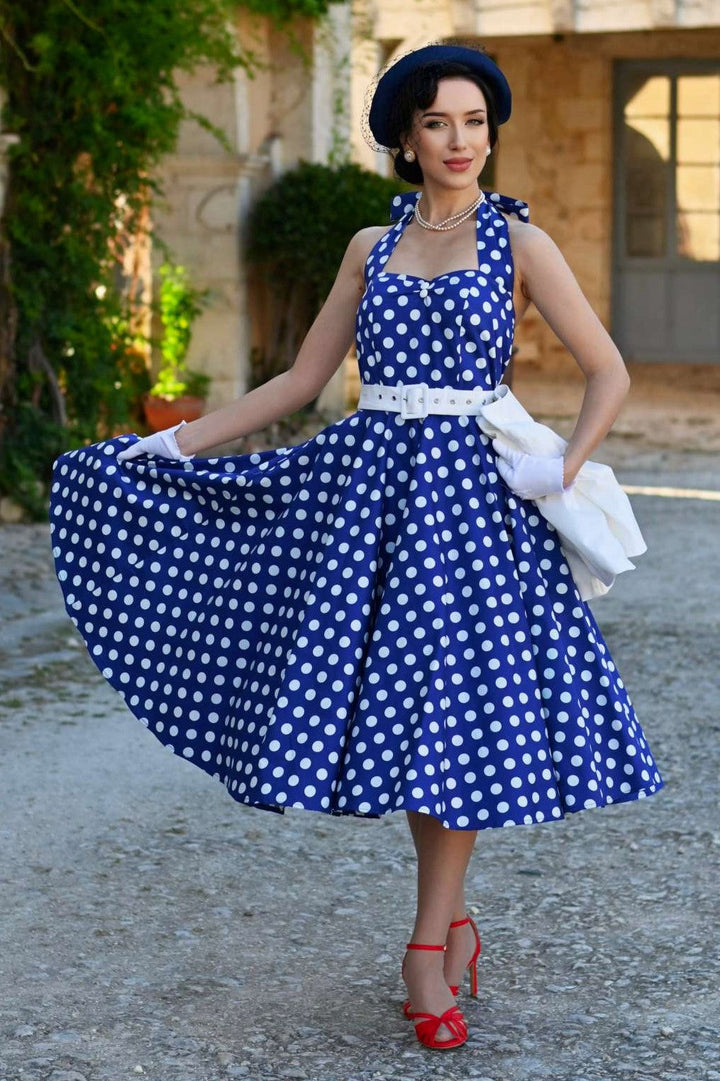 Lovely model in Daisy Dark Blue & White Polka Dot Dress | 50s Style Dress