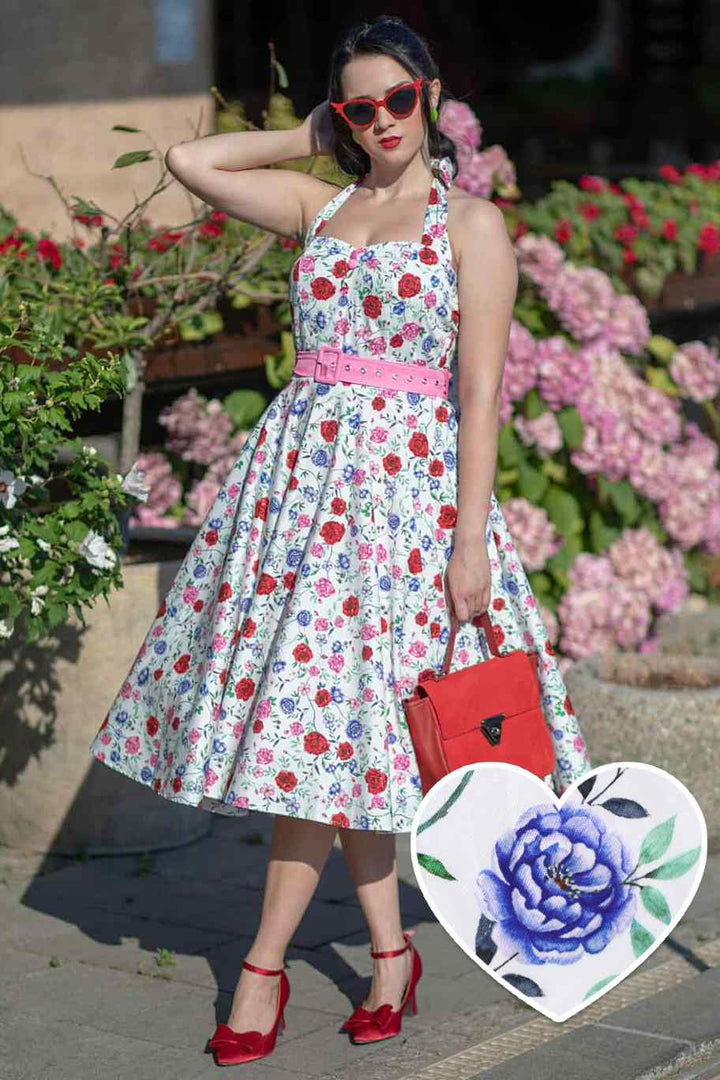 Lovely model in Daisy Roses on White Dress | Vintage Floral Dress