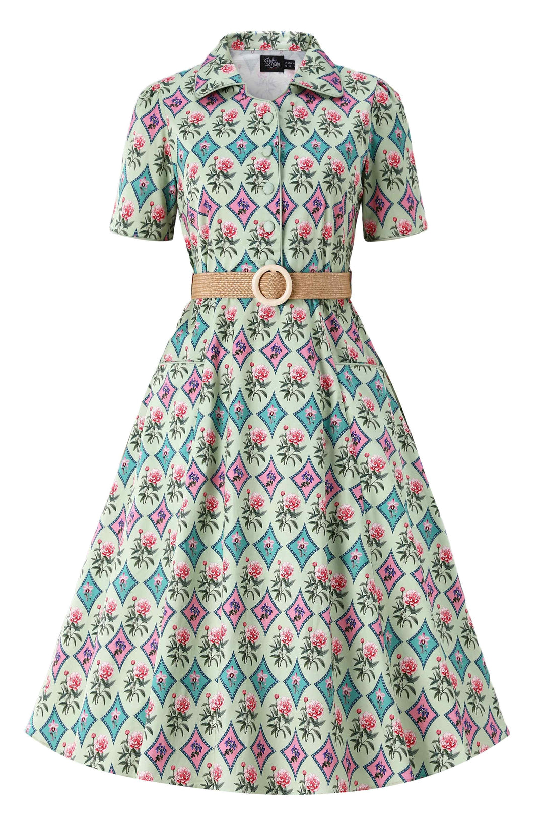 Front view of Mabel Quatrefoil Floral in Pastels Dress | Vintage Floral Dress