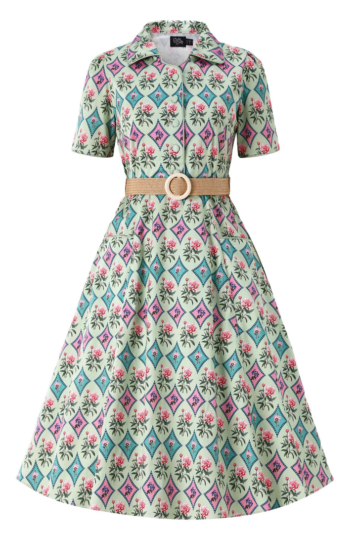 Front view of Mabel Quatrefoil Floral in Pastels Dress | Vintage Floral Dress