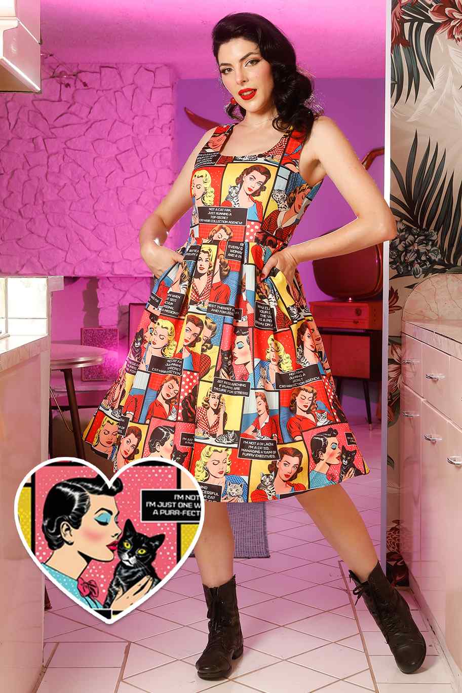 Model in Amanda Cat Lovers in Comic Books Dress | Novelty Print Dress
