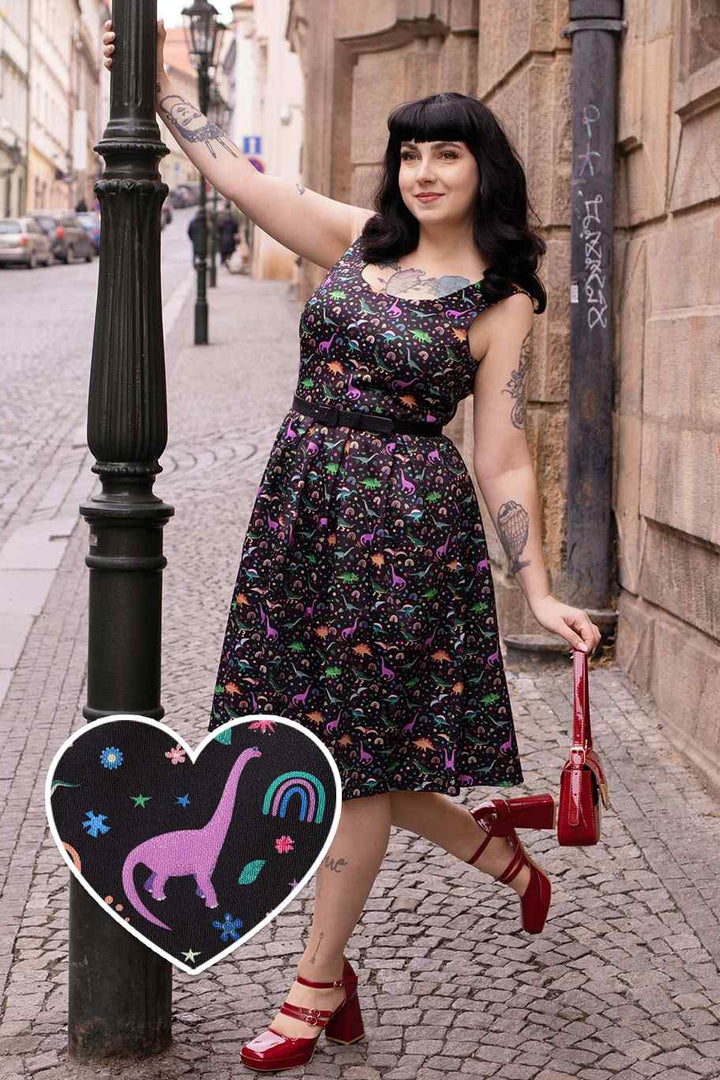 Model in Amanda Dinosaur Rainbow Dress | Novelty Print Dress