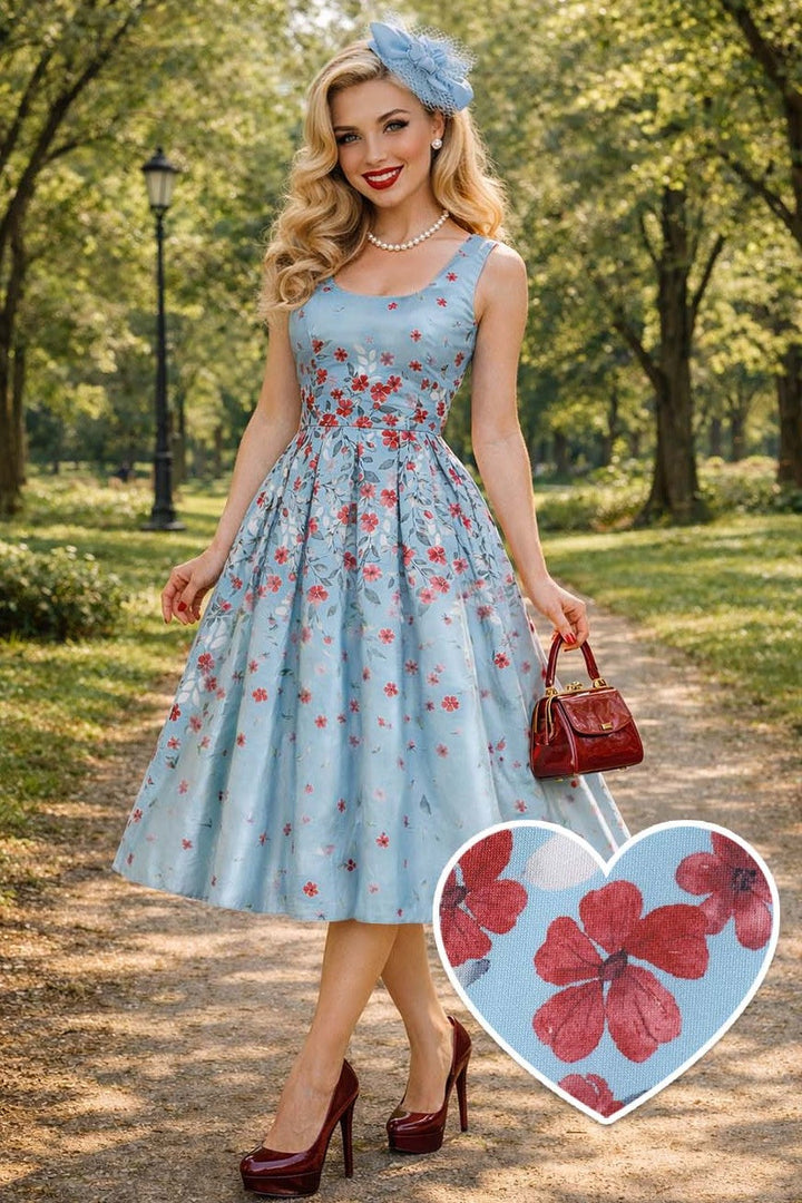 Model in Amanda Falling Flowers on Light Blue Dress | Vintage Floral Dress